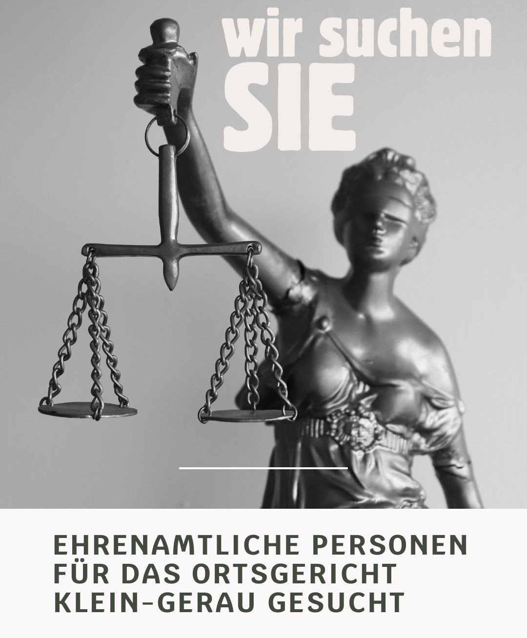 Statue Justitia mit Waage und Überschrift Ehrenamtliche Personen für Ortsgericht Klein-Gerau gesucht