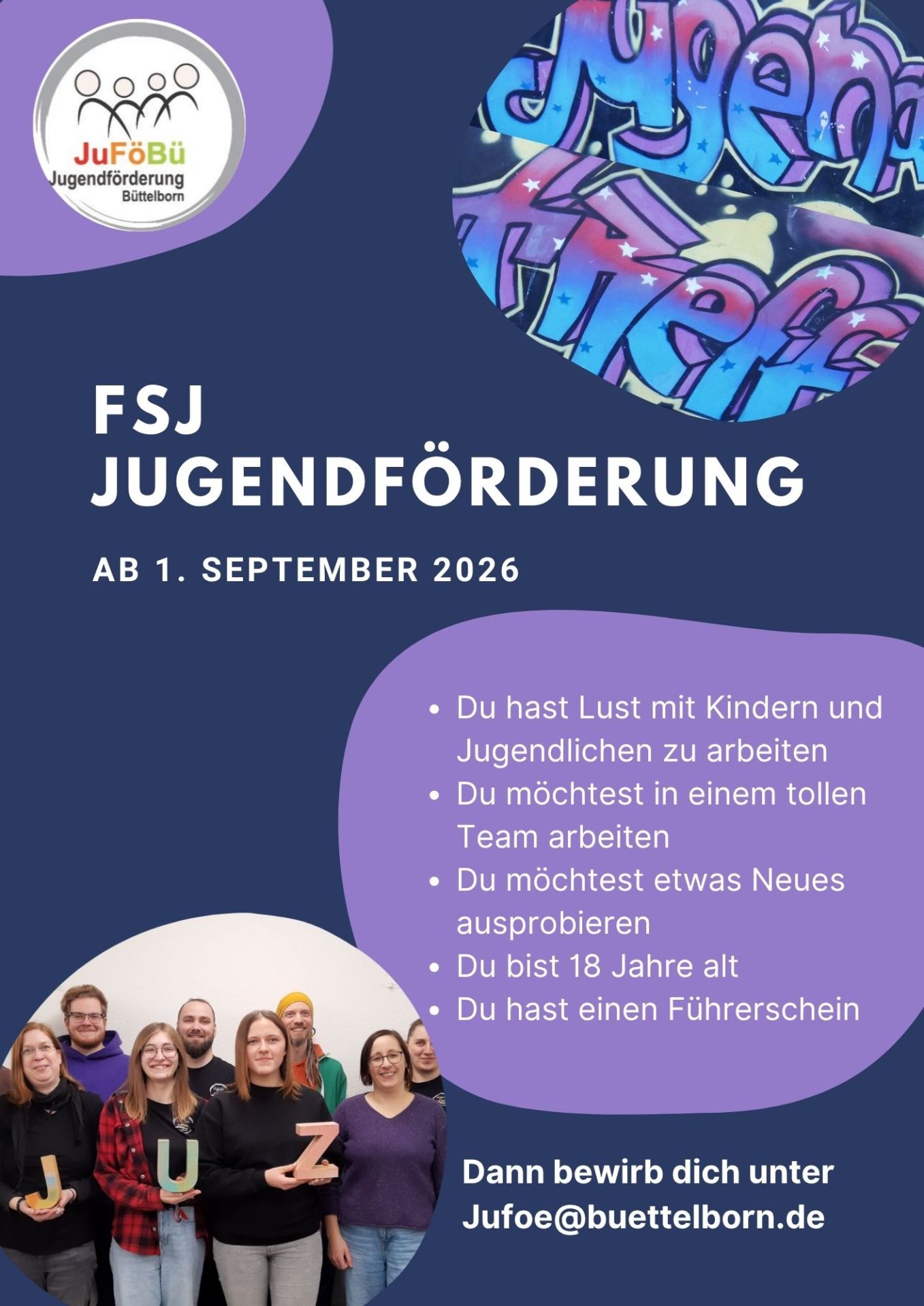 Fyler in lila mit einem Graffiti und einer Gruppe Jugendlicher. Werbung für ein FSJ