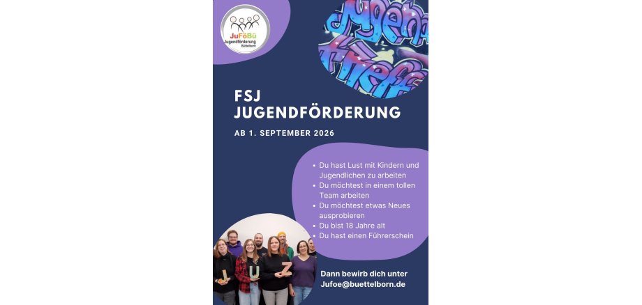 Kopie von Die Veranstaltung ist kostenfrei - 1 Fyler in lila mit einem Graffiti und einer Gruppe Jugendlicher. Werbung für ein FSJ
