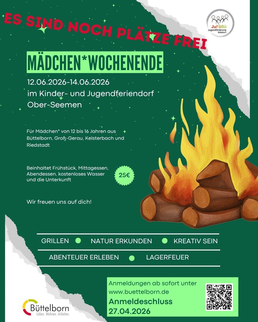 Werbung für ein Mädchenwochenende, grüner Flyer mit Lagerfeuer