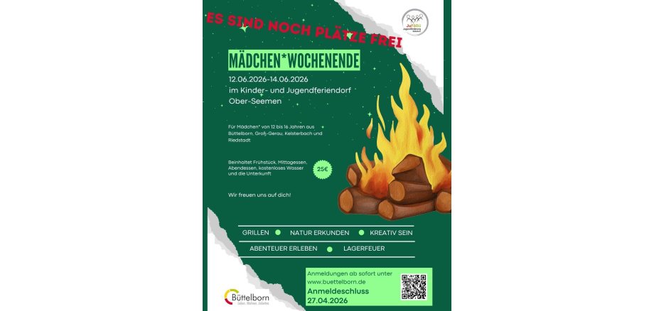 Werbung für ein Mädchenwochenende, grüner Flyer mit Lagerfeuer