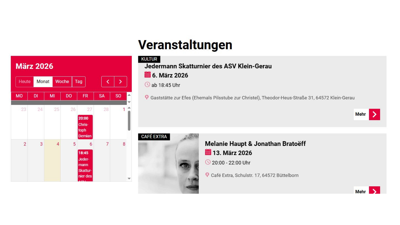 Ausschnitt Ansicht Homepage Veranstaltungskalender