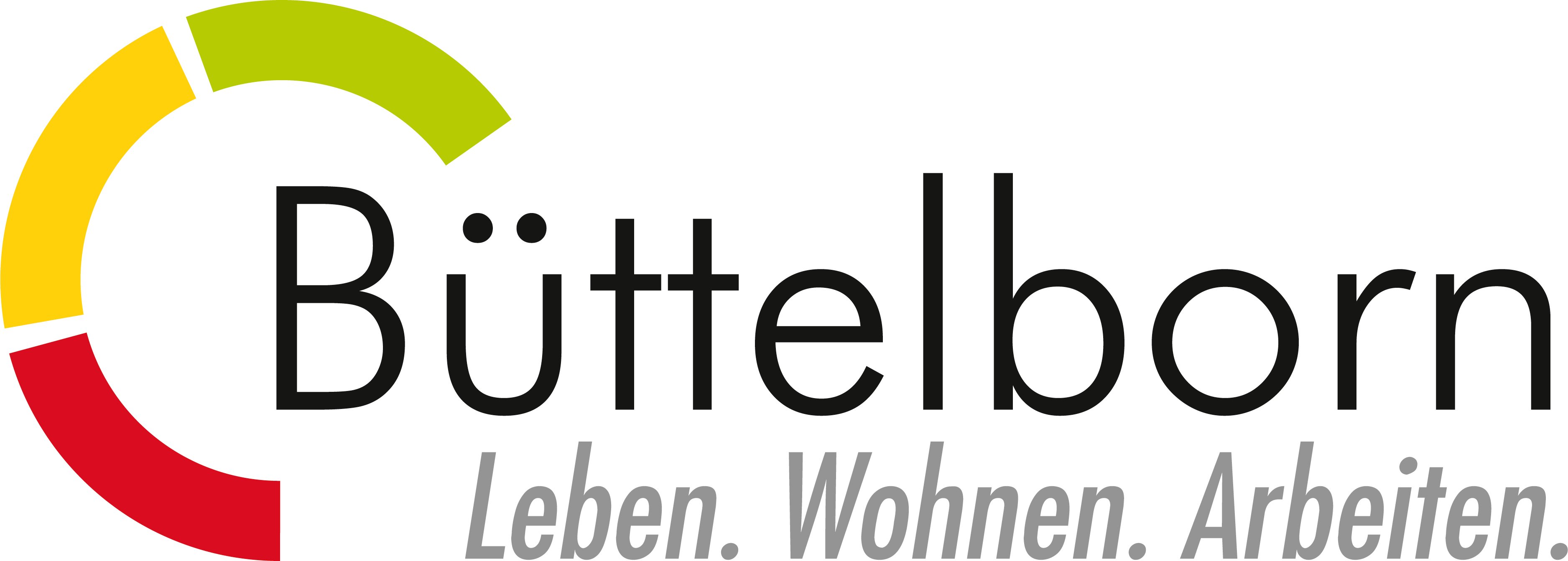 Logo Gemeinde Büttelborn 3/4 Kreis mit drei Farben und Worte Büttelborn Leben Wohnen Arbeiten