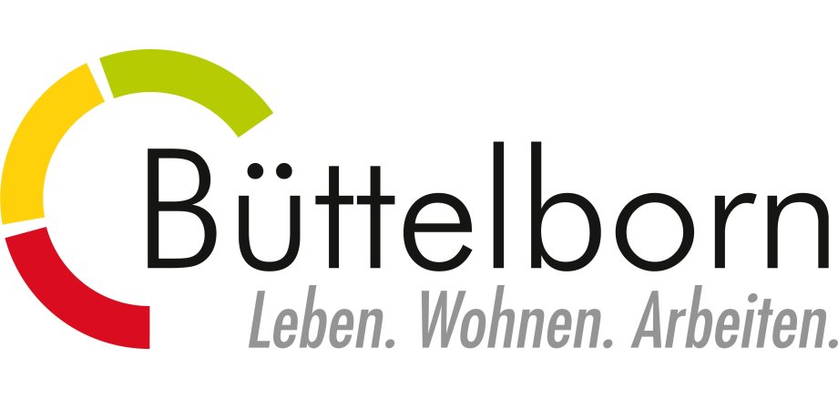 Logo Gemeinde Büttelborn 3/4 Kreis mit drei Farben und Worte Büttelborn Leben Wohnen Arbeiten