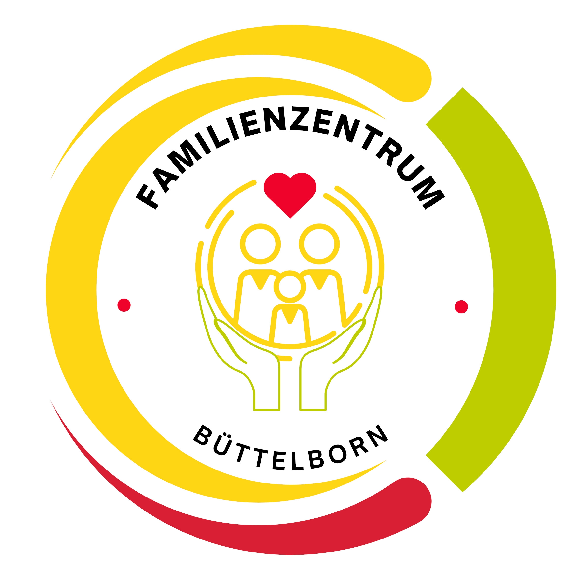 Logo Familienzentrum Kreis mit je 1/3 Farbe gelb grün rot  und Familie mit Herz in der Mitte