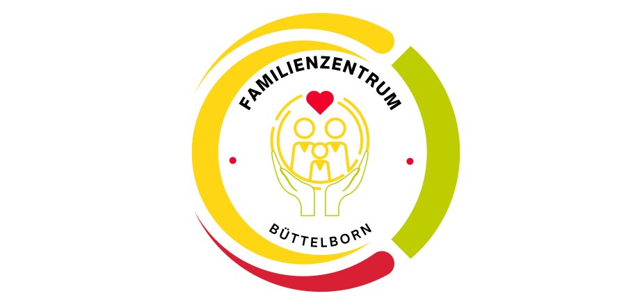 Logo Familienzentrum Kreis mit je 1/3 Farbe gelb grün rot und Familie mit Herz in der Mitte