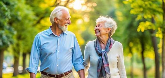 Mann und Frau Senioren beim Spazierengehen